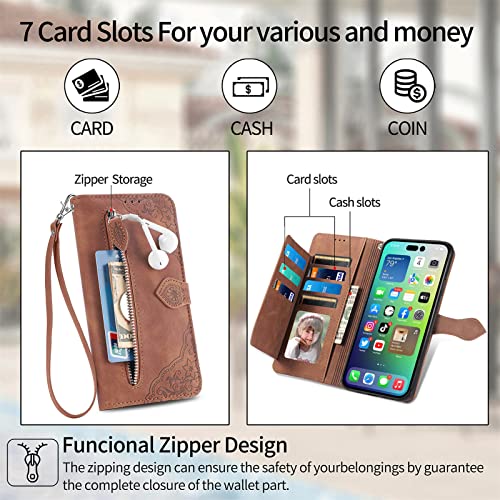 ONV Wallet Case for OnePlus N20 SE - with Zipper Wrist Strap Emboss Flower Flip Phone Case Card Slot Magnet Leather Shell Flip Stand Cover for OnePlus N20 SE[SZY] -Brown