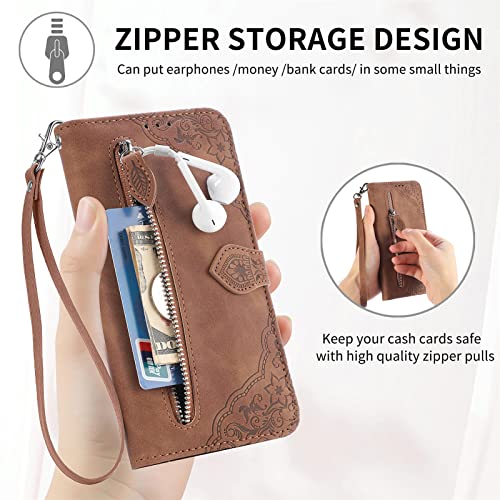 ONV Wallet Case for OnePlus N20 SE - with Zipper Wrist Strap Emboss Flower Flip Phone Case Card Slot Magnet Leather Shell Flip Stand Cover for OnePlus N20 SE[SZY] -Brown