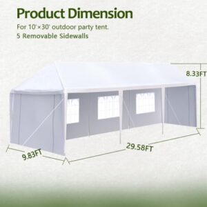 GLANZEND 10'x30' Outdoor Canopy Tent, Outdoor Party Tent Wedding Birthday Tents with 5 Removable Sidewalls, Gazebo w/Transparent Windows Outside Gazebo Event Tent for Garden Patio and Backyard, White