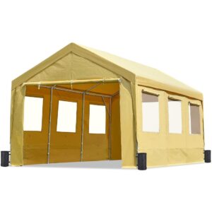 ADVANCE OUTDOOR 10x20 ft Heavy Duty Adjustable Carport with 6 Roll-up Ventilated Windows & Removable Sidewalls Car Canopy Garage Boat Shelter Party Tent, Peak Height from 9.5ft to 11ft, Beige Yellow