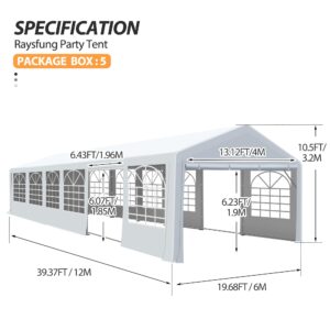 Raysfung 20' x 40' Heavy Duty Party Tent, Outdoor Large Wedding Tent with Removable Sidewalls Event Canopy Shelter for Birthday Party, Outdoor Event