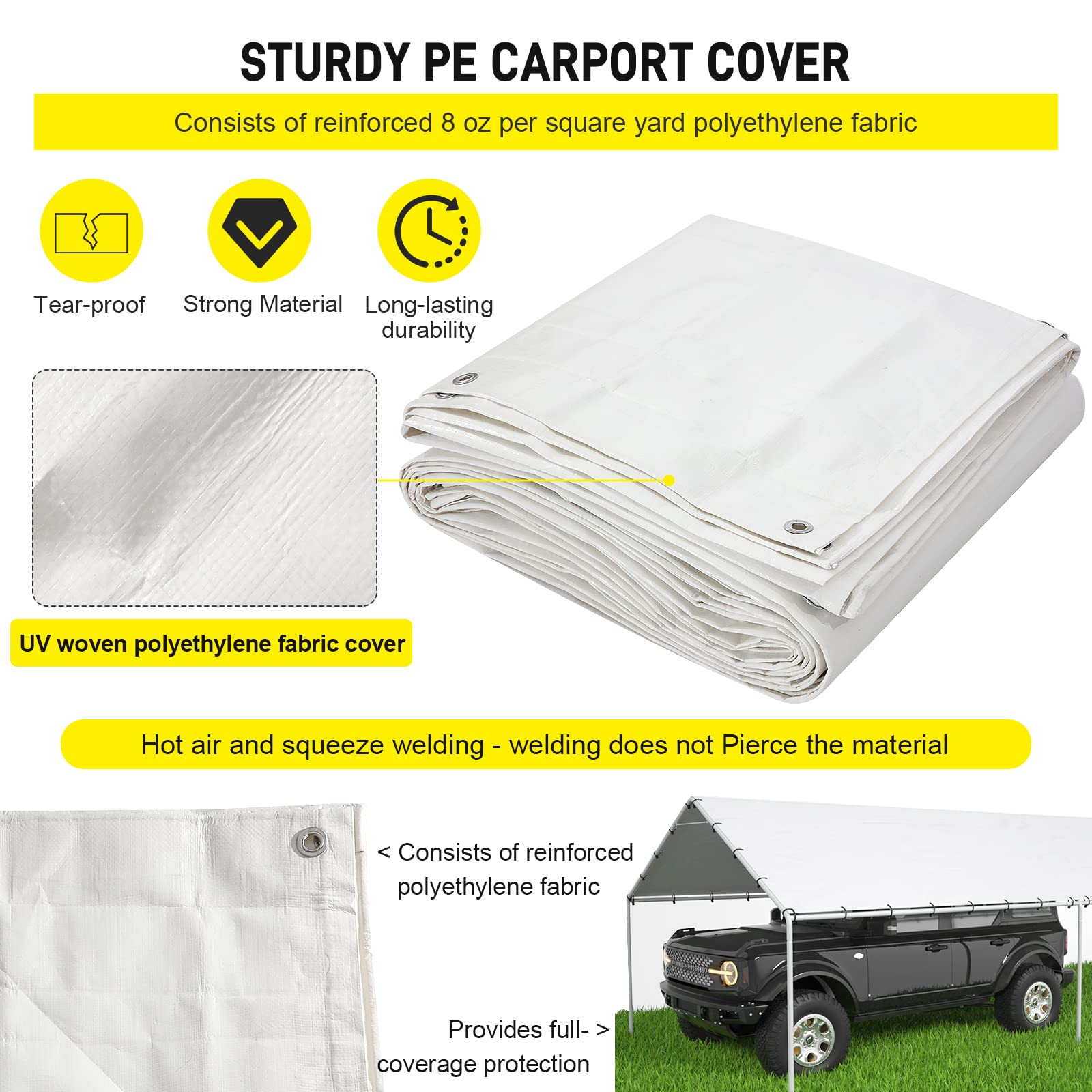 10 x 20 Ft Carport Replacement Canopy Cover Garage Top Tent Shelter Tarp with Free 48 Ball Bungee Cords,White(Only Cover, Frame Not Include)