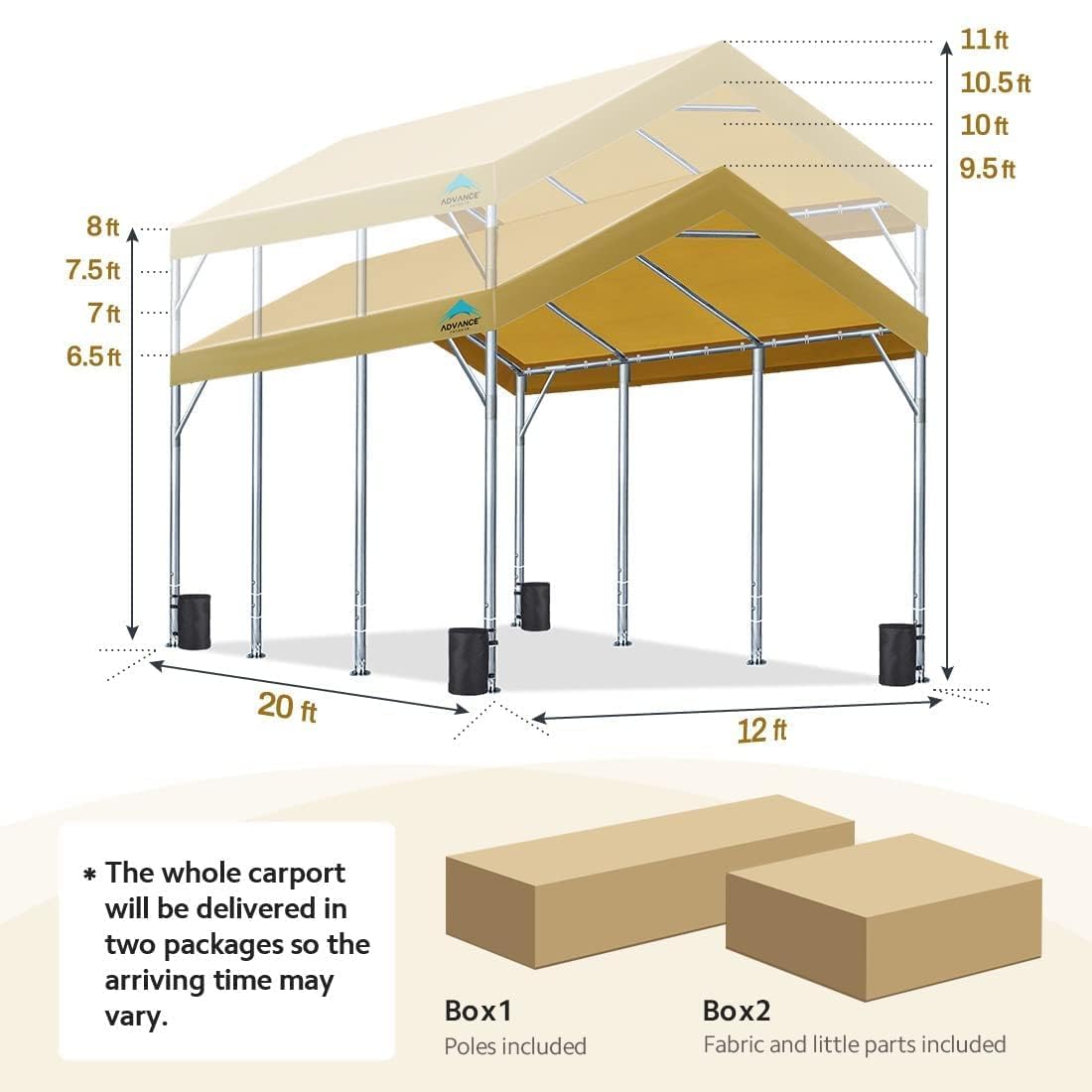 ADVANCE OUTDOOR 12x20 ft Heavy Duty Carport Car Canopy Garage Boat Shelter Party Tent, Adjustable Height from 9.5ft to 11ft, Beige