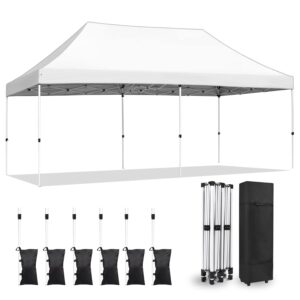 CAJECUS 10' x 20' Pop Up Canopy, Durable Easy Beach Canopy Tent, Waterproof Outdoor Canopy with 3 Adjustable Height, Roller Bag, 6 Sand Bags, 4 Ropes & 8 Stakes, White