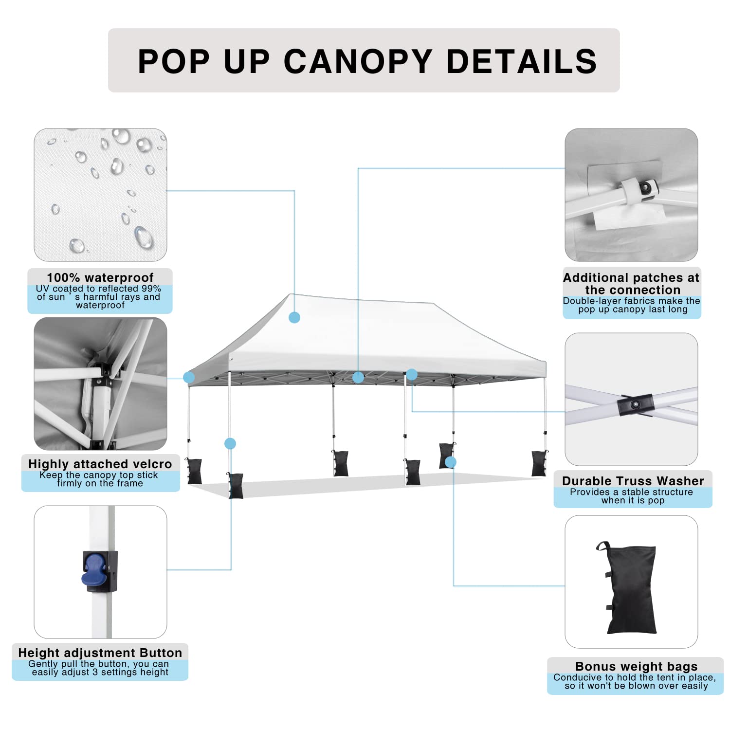 CAJECUS 10' x 20' Pop Up Canopy, Durable Easy Beach Canopy Tent, Waterproof Outdoor Canopy with 3 Adjustable Height, Roller Bag, 6 Sand Bags, 4 Ropes & 8 Stakes, White