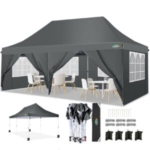 cobizi 10x20 pop up canopy with 6 removable sidewalls, outdoor canopy tents for partie wedding, instant sun protection shelter with upgrade raised roof and carry bag, with extra 4 sandbags