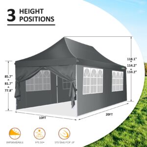 COBIZI 10x20 Pop up Canopy with 6 Removable Sidewalls, Outdoor Canopy Tents for Partie Wedding, Instant Sun Protection Shelter with Upgrade Raised Roof and Carry Bag, with Extra 4 Sandbags