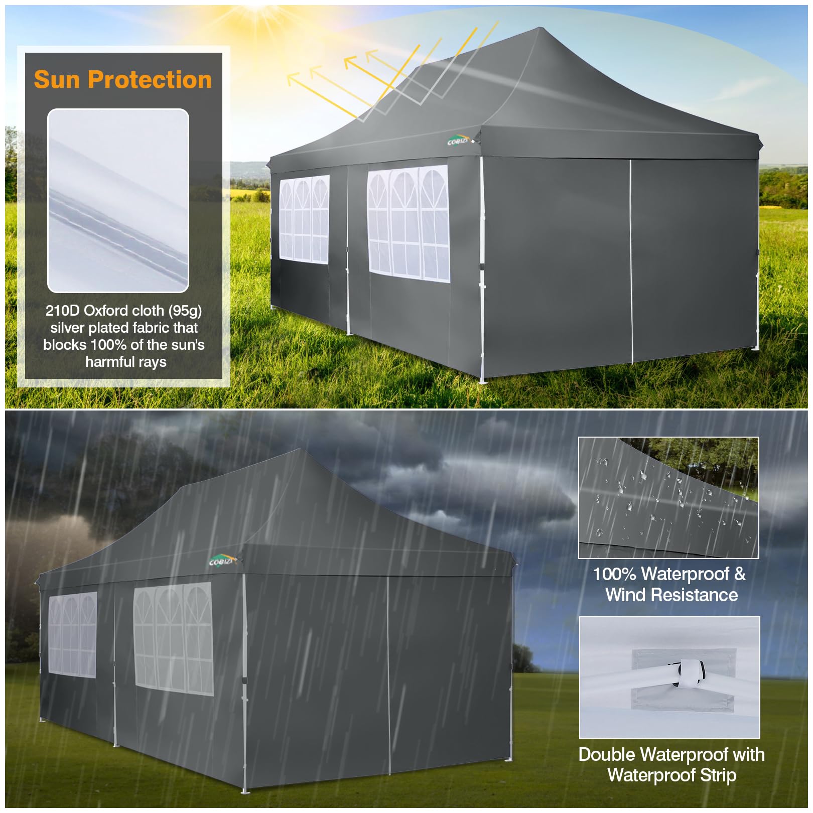 COBIZI 10x20 Pop up Canopy with 6 Removable Sidewalls, Outdoor Canopy Tents for Partie Wedding, Instant Sun Protection Shelter with Upgrade Raised Roof and Carry Bag, with Extra 4 Sandbags