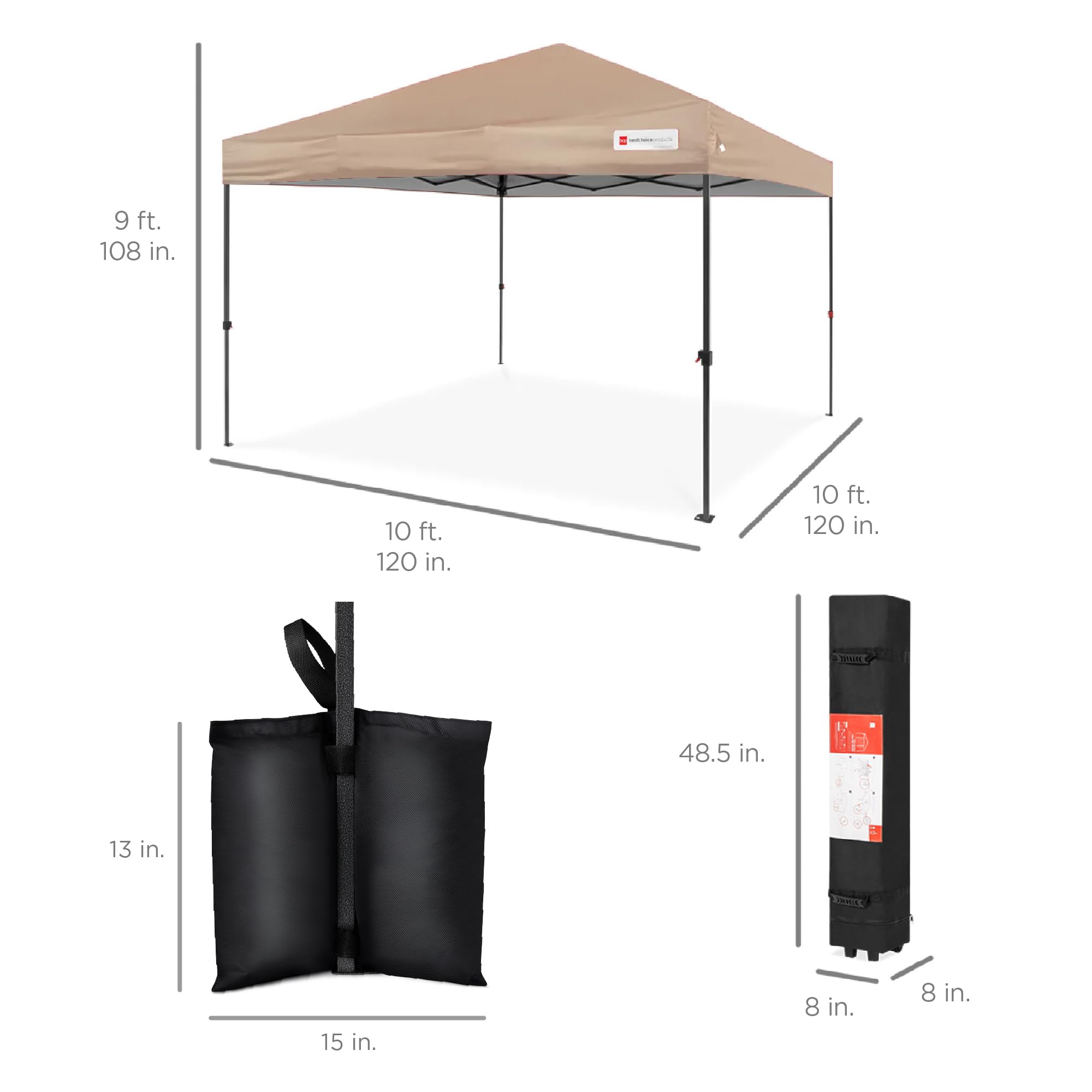 Best Choice Products 10x10ft 1-Person Setup Pop Up Canopy Tent Instant Portable Shelter w/ 1-Button Push, Case, 4 Weight Bags - Tan