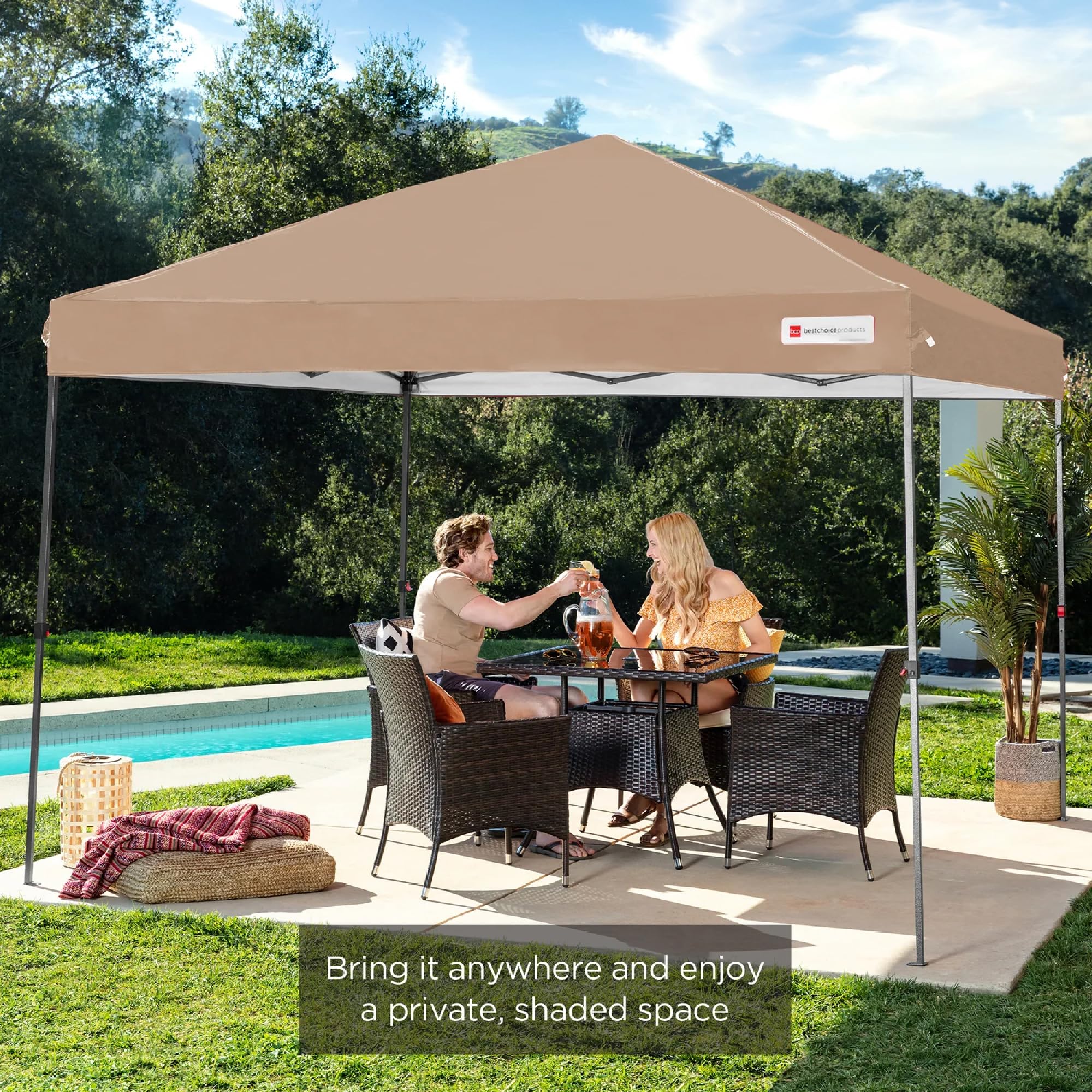 Best Choice Products 10x10ft 1-Person Setup Pop Up Canopy Tent Instant Portable Shelter w/ 1-Button Push, Case, 4 Weight Bags - Tan