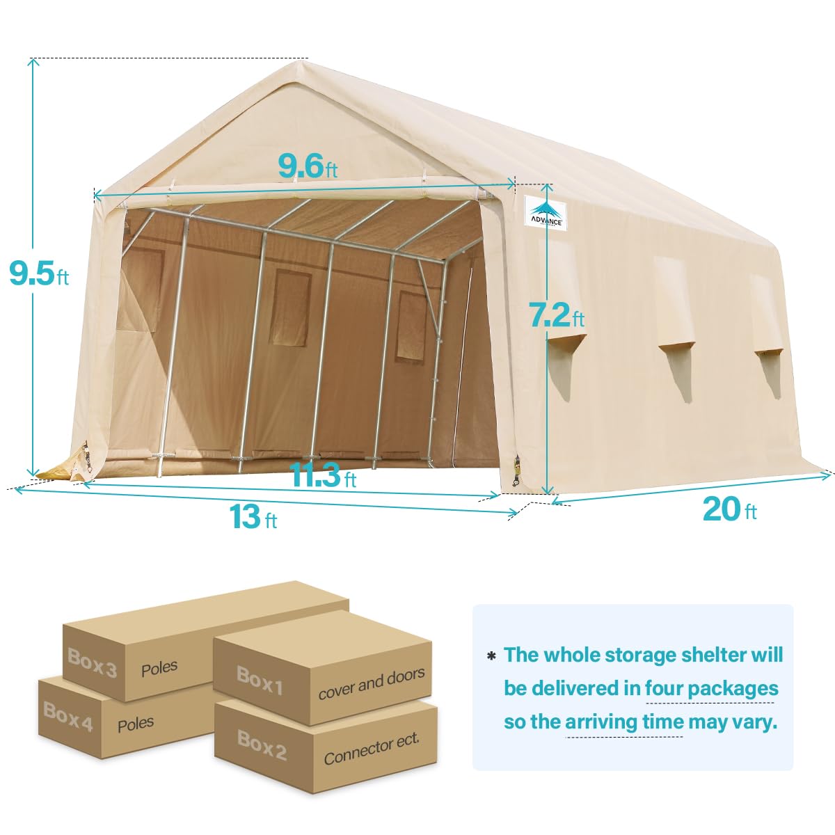 ADVANCE OUTDOOR 13x20 ft Garage Tent Carports with 2 Roll up Doors & Vents Outdoor Portable Storage Shelter for Vehicle Truck Boat Anti-UV Snow Resistant Waterproof, Beige