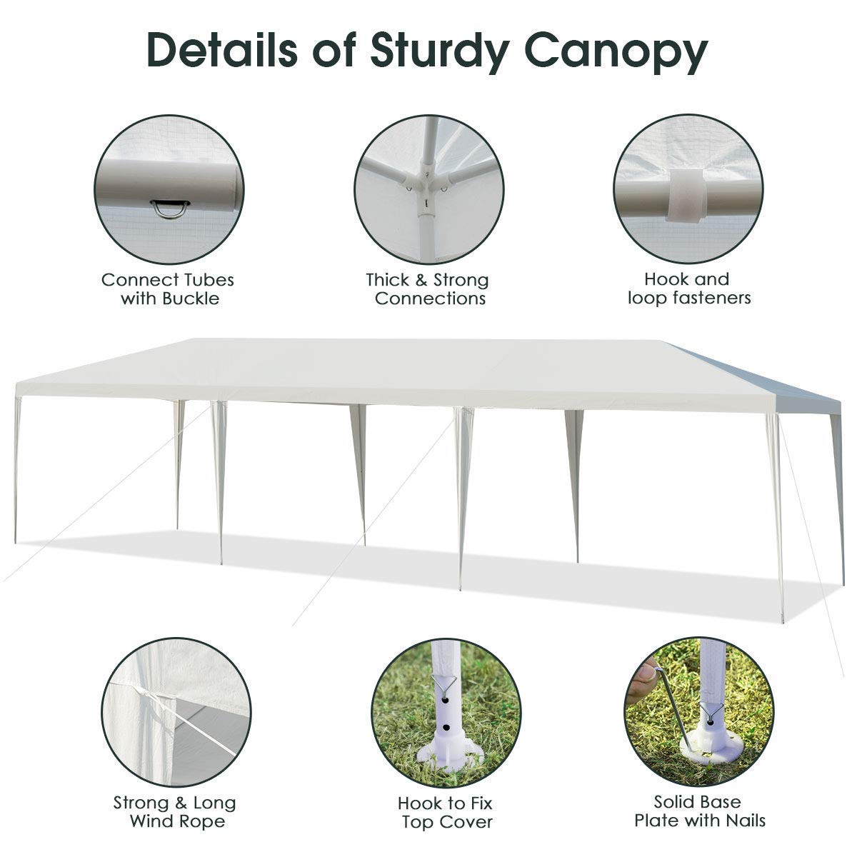 Tangkula 10 x 30 Feet Outdoor Canopy Tent, Wedding Party Tent with 16 Stakes & 8 Wind Ropes, Yard Enclosed White Tent for Events, Parties, Backyard