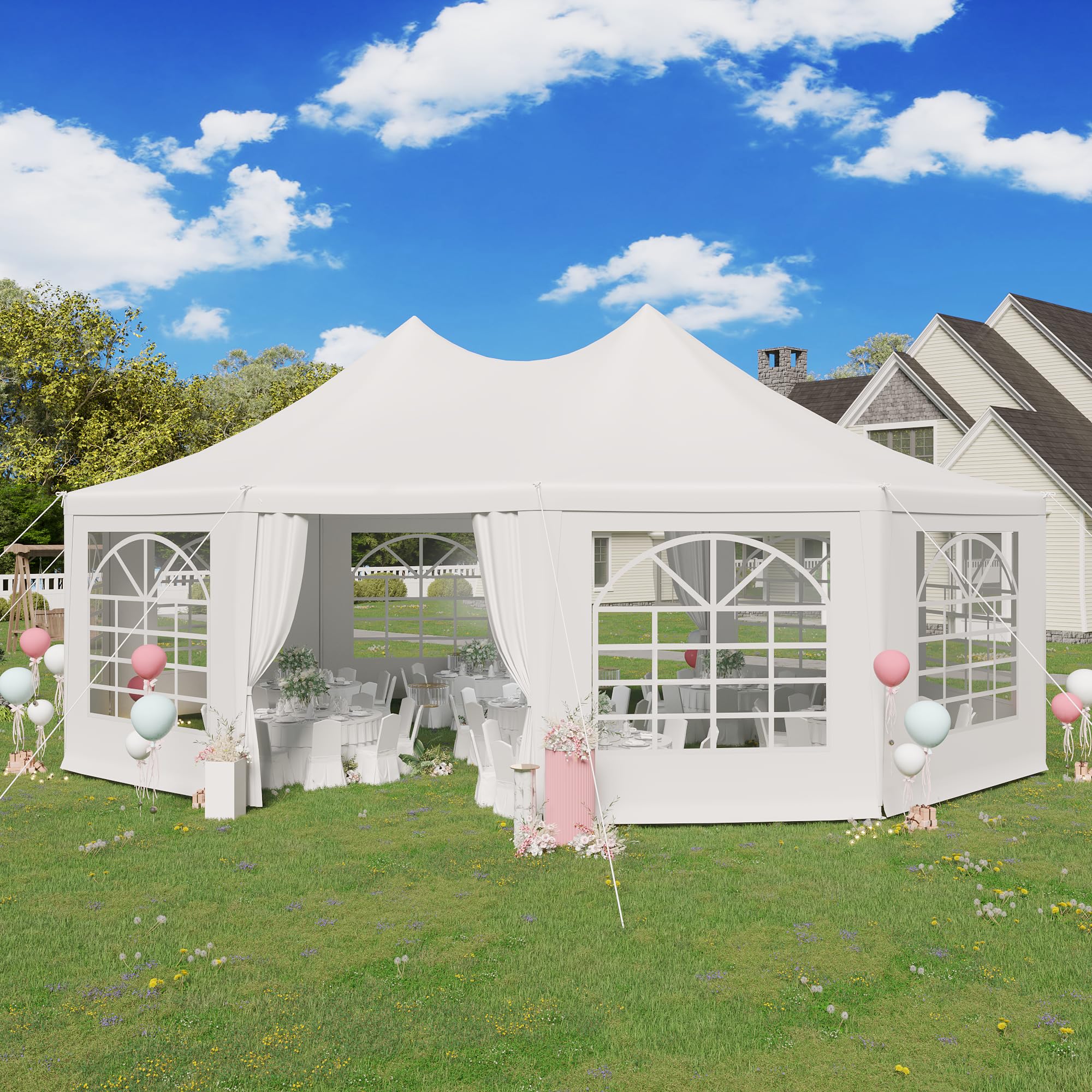 EROMMY 26x19ft Party Tent, White Wedding Tent, Decagonal Heavy Duty Canopy with 8 Removable Sidewalls, 8 Church Windows and 2 Pull-Back Doors, Outdoor Gazebo Pavilion Shelter Tent for Party, Event