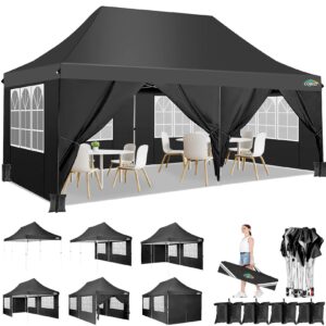 cobizi 10x20ft pop up canopy tent with 6 removable sidewalls, easy up commercial canopy, waterproof and uv50+ gazebo with portable bag, adjustable leg heights,party tents for parties, with 4 sandbags