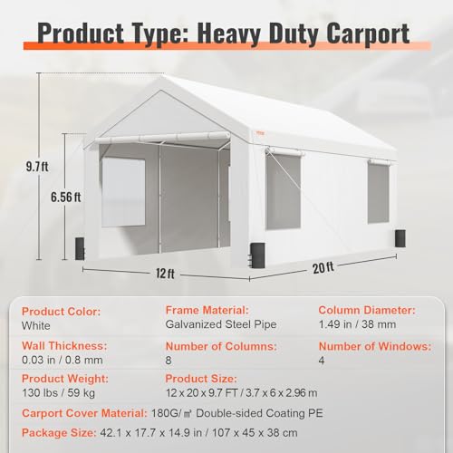 VEVOR Carport, Extra Large 12 x 20 ft Heavy Duty Car Canopy with Roll-up Ventilated Windows, Portable Garage with Removable Sidewalls, Waterproof UV Resistant All-Season Tarp for SUV, Truck, Boat