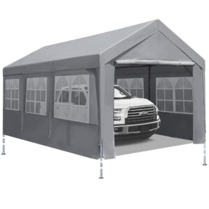 ADVANCE OUTDOOR 10x20 ft Heavy Duty Carport with Windows Sidewalls, Adjustable Height from 9.5 ft to 11 ft, Car Canopy Garage Party Tent Boat Shelter with 8 Reinforced Poles and 4 Sandbags, Gray