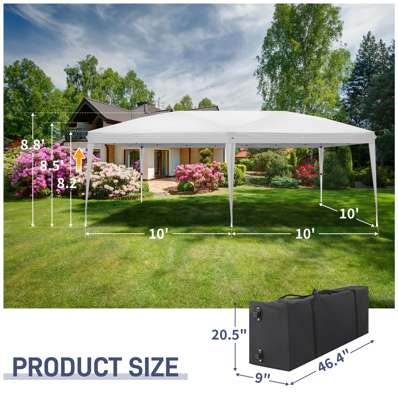 10'x20' Pop Up Canopy Tent with 4 Sidewalls, Heavy Duty Outdoor Party Tent with Carry Bag, Portable Commercial Instant Canopies and Folding Wedding Tent for Garden, Backyard, Patio (White)