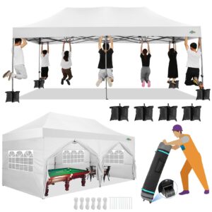 cobizi 10x20 canopy with sidewalls, heavy duty party tent pop up carpas para fiestas, tents for parties, wedding, outdoor ez up foldable portable canopy tent with wheeled bag, white(windproof upgrade)