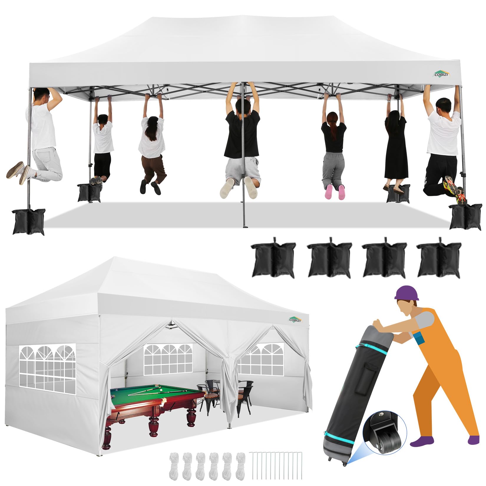 COBIZI 10x20 Canopy with Sidewalls, Heavy duty Party Tent Pop up carpas para fiestas, Tents for Parties, wedding, Outdoor Ez up Foldable Portable Canopy Tent with Wheeled Bag, White(Windproof Upgrade)