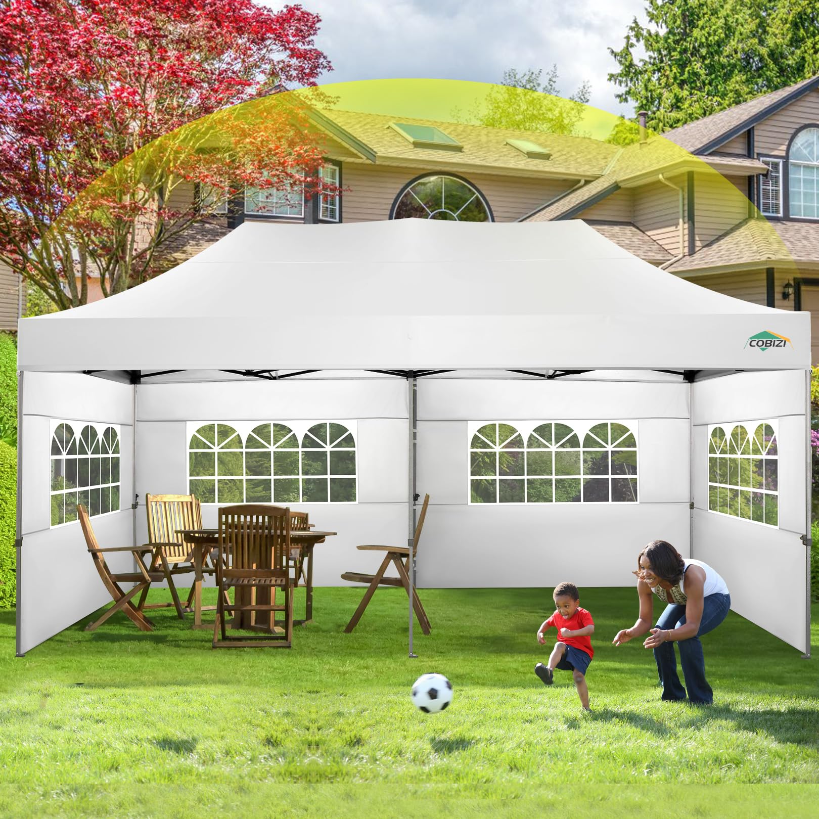 COBIZI 10x20 Canopy with Sidewalls, Heavy duty Party Tent Pop up carpas para fiestas, Tents for Parties, wedding, Outdoor Ez up Foldable Portable Canopy Tent with Wheeled Bag, White(Windproof Upgrade)