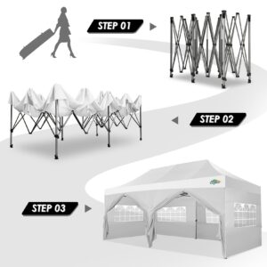 COBIZI 10x20 Canopy with Sidewalls, Heavy duty Party Tent Pop up carpas para fiestas, Tents for Parties, wedding, Outdoor Ez up Foldable Portable Canopy Tent with Wheeled Bag, White(Windproof Upgrade)