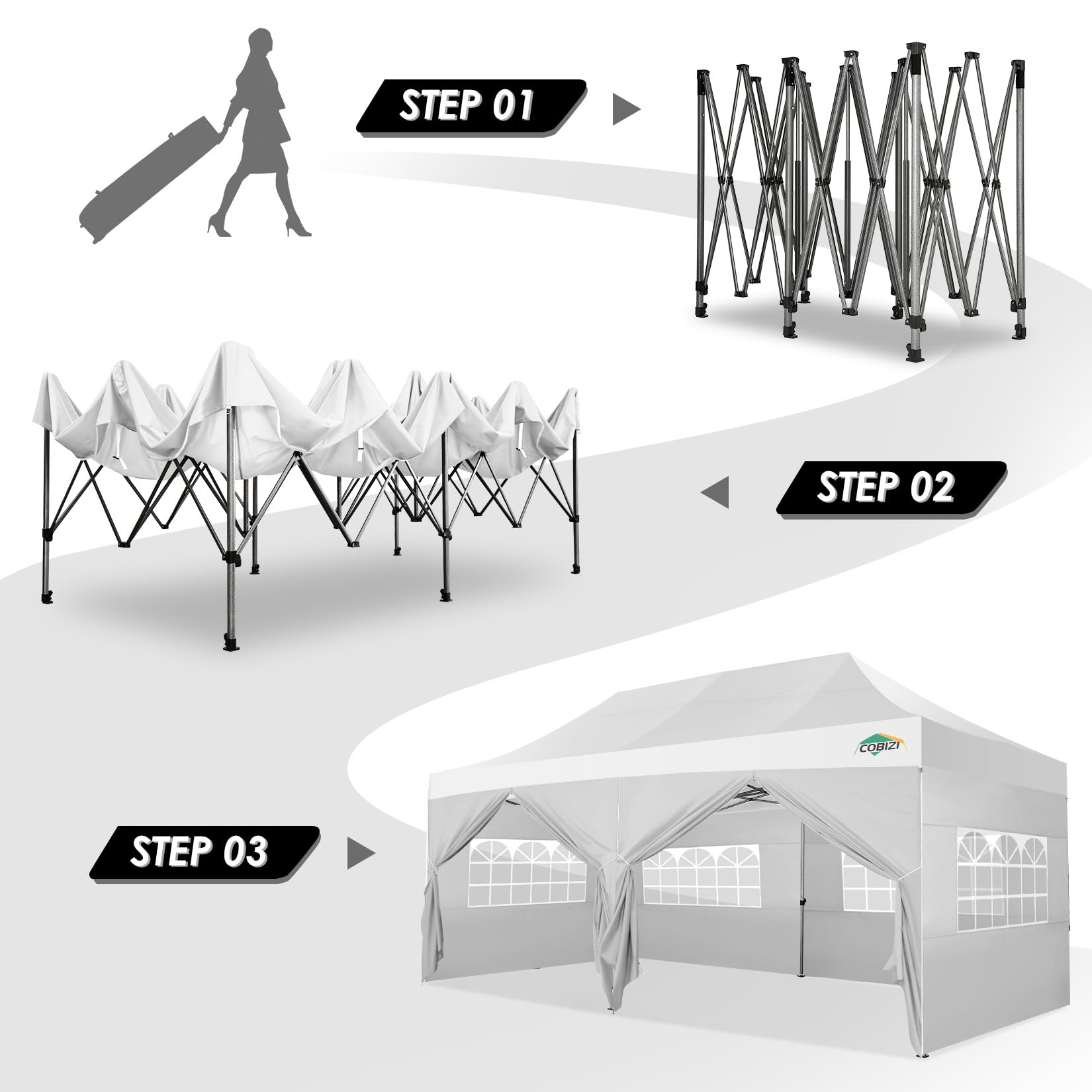 COBIZI 10x20 Canopy with Sidewalls, Heavy duty Party Tent Pop up carpas para fiestas, Tents for Parties, wedding, Outdoor Ez up Foldable Portable Canopy Tent with Wheeled Bag, White(Windproof Upgrade)