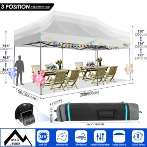 COBIZI 10x20 Canopy with Sidewalls, Heavy duty Party Tent Pop up carpas para fiestas, Tents for Parties, wedding, Outdoor Ez up Foldable Portable Canopy Tent with Wheeled Bag, White(Windproof Upgrade)