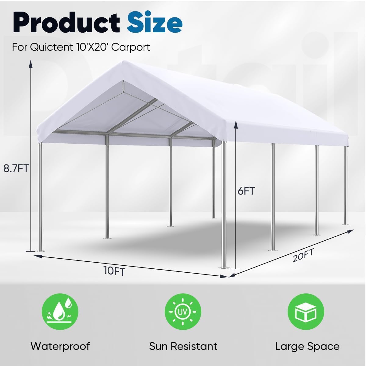 Quictent 10X20ft Heavy Duty Carport Car Canopy Galvanized Car Tent Outdoor Boat Shelter with Reinforced Steel Cables-White