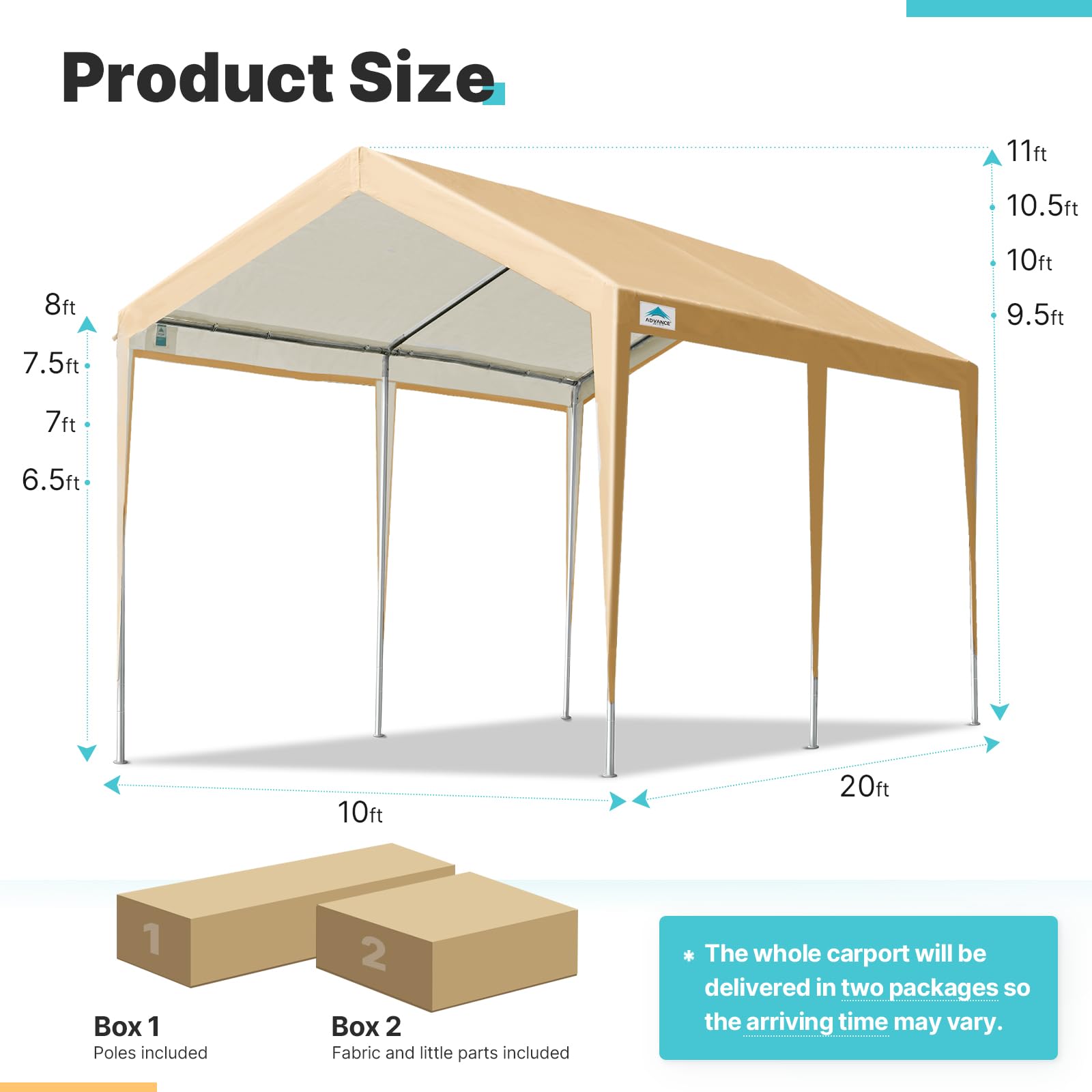 ADVANCE OUTDOOR Adjustable 10x20 ft Heavy Duty Carport Car Canopy Garage Boat Shelter Party Tent, Adjustable Height from 9.5 ft to 11 ft, Beige