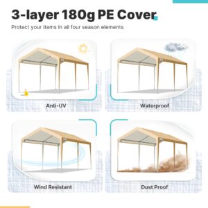 ADVANCE OUTDOOR Adjustable 10x20 ft Heavy Duty Carport Car Canopy Garage Boat Shelter Party Tent, Adjustable Height from 9.5 ft to 11 ft, Beige