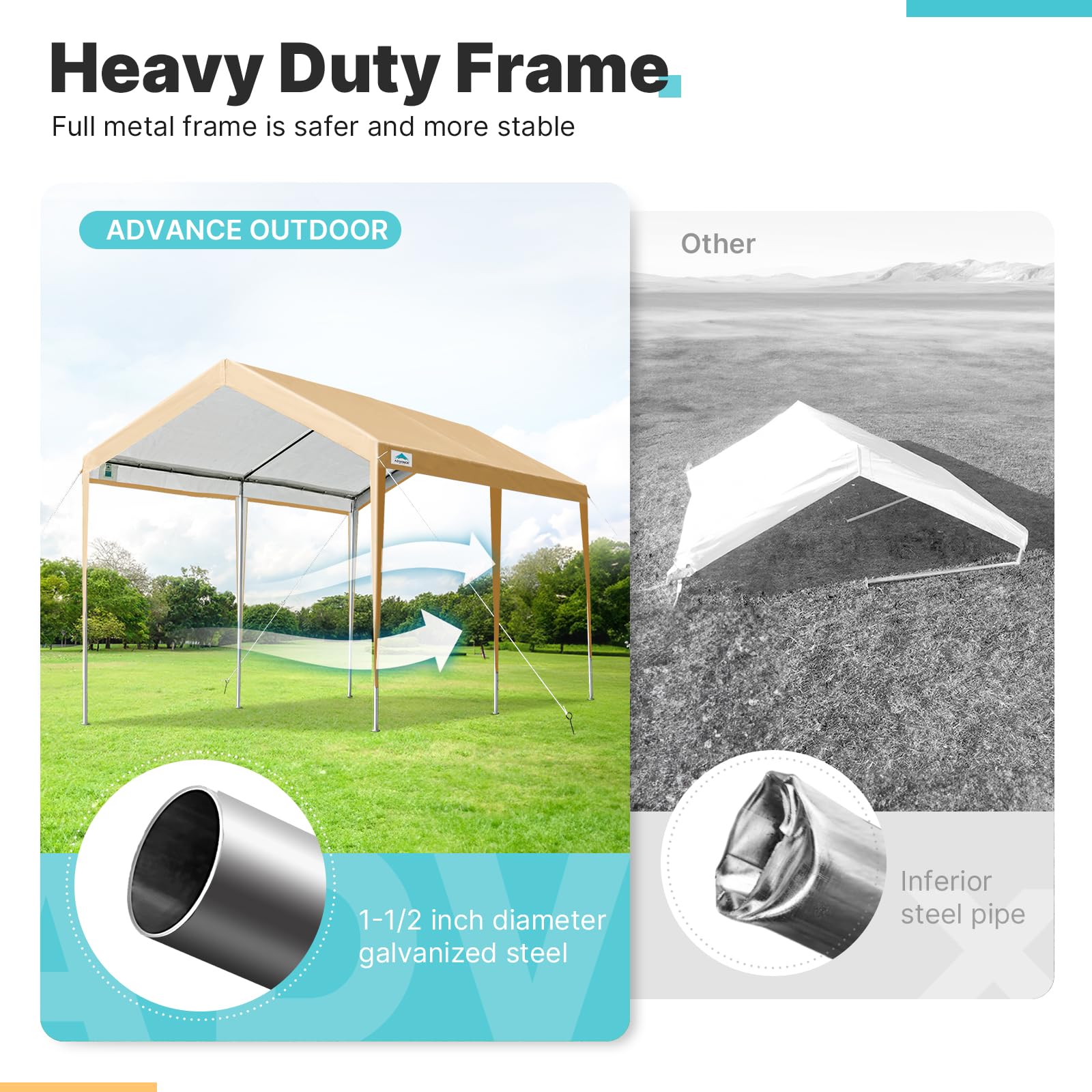 ADVANCE OUTDOOR Adjustable 10x20 ft Heavy Duty Carport Car Canopy Garage Boat Shelter Party Tent, Adjustable Height from 9.5 ft to 11 ft, Beige