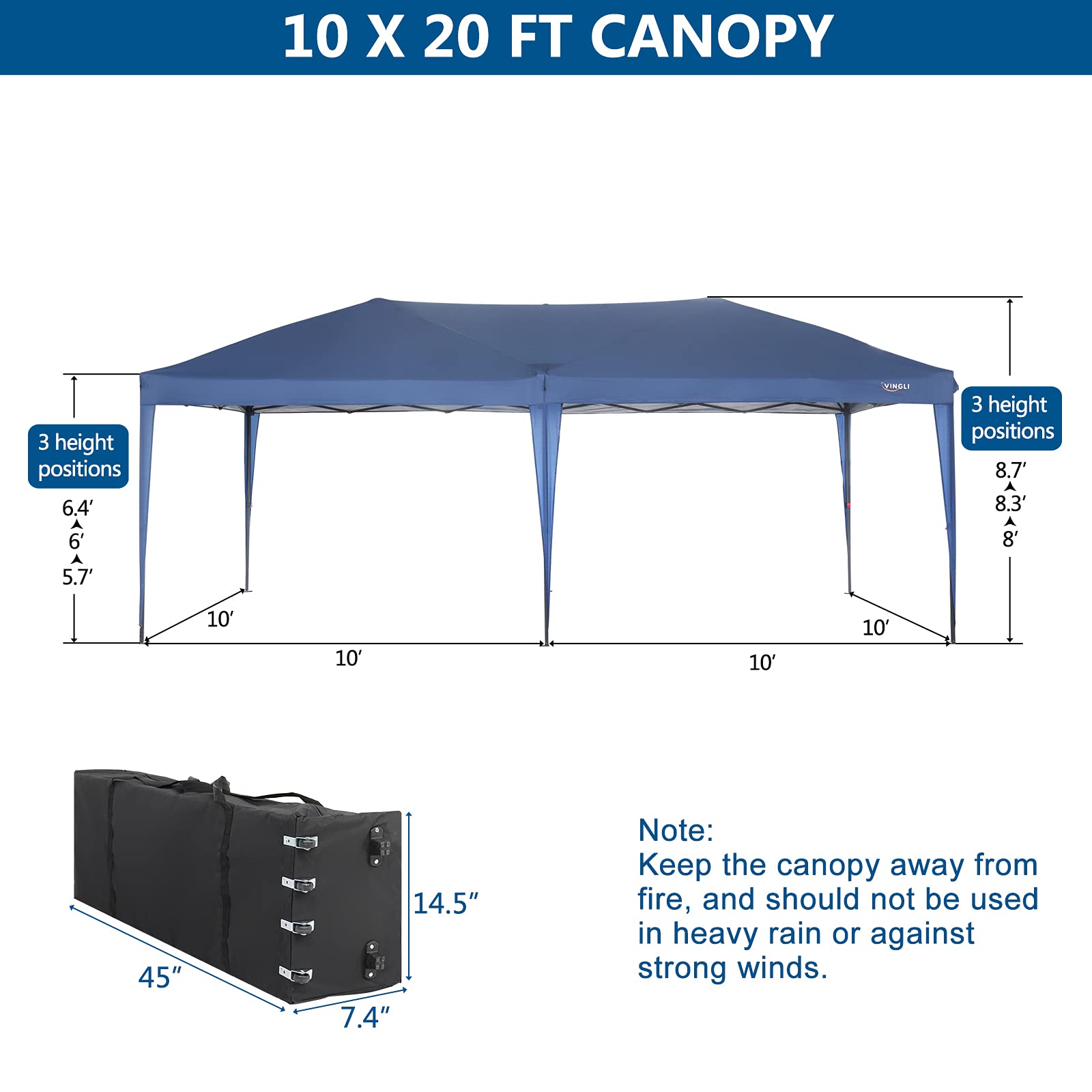 VINGLI 10X20 Feet Pop Up Canopy 6 Removable Sidewalls, One Push Instant Tent with Carry Bag, Outdoor Folding Canopy Tent, Patio Event Gazebo Beach Tent (Blue)