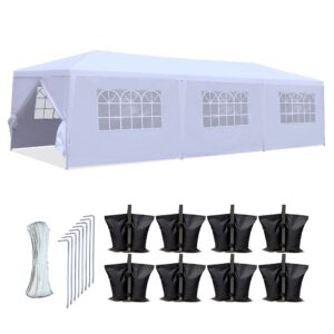 serenelifehome pop up canopy tent - 10x30 portable commercial instant shelter foldable/collapsible sun shade waterproof tent w/ 8 walls - 8 sand bag, 8 stake & ropes white (sltet30ng)