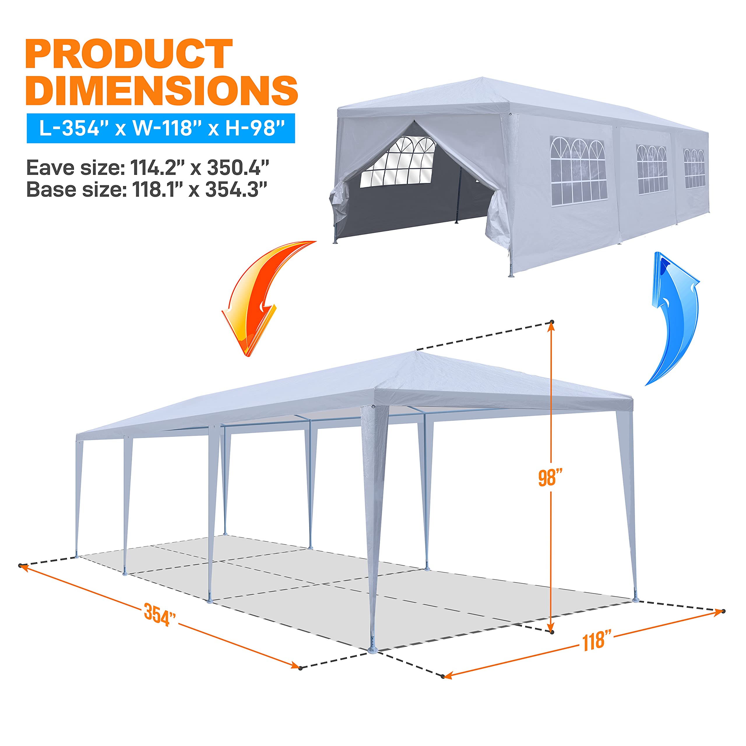 SereneLifeHome Pop Up Canopy Tent - 10x30 Portable Commercial Instant Shelter Foldable/Collapsible Sun Shade Waterproof Tent w/ 8 Walls - 8 Sand Bag, 8 Stake & Ropes White (SLTET30NG)