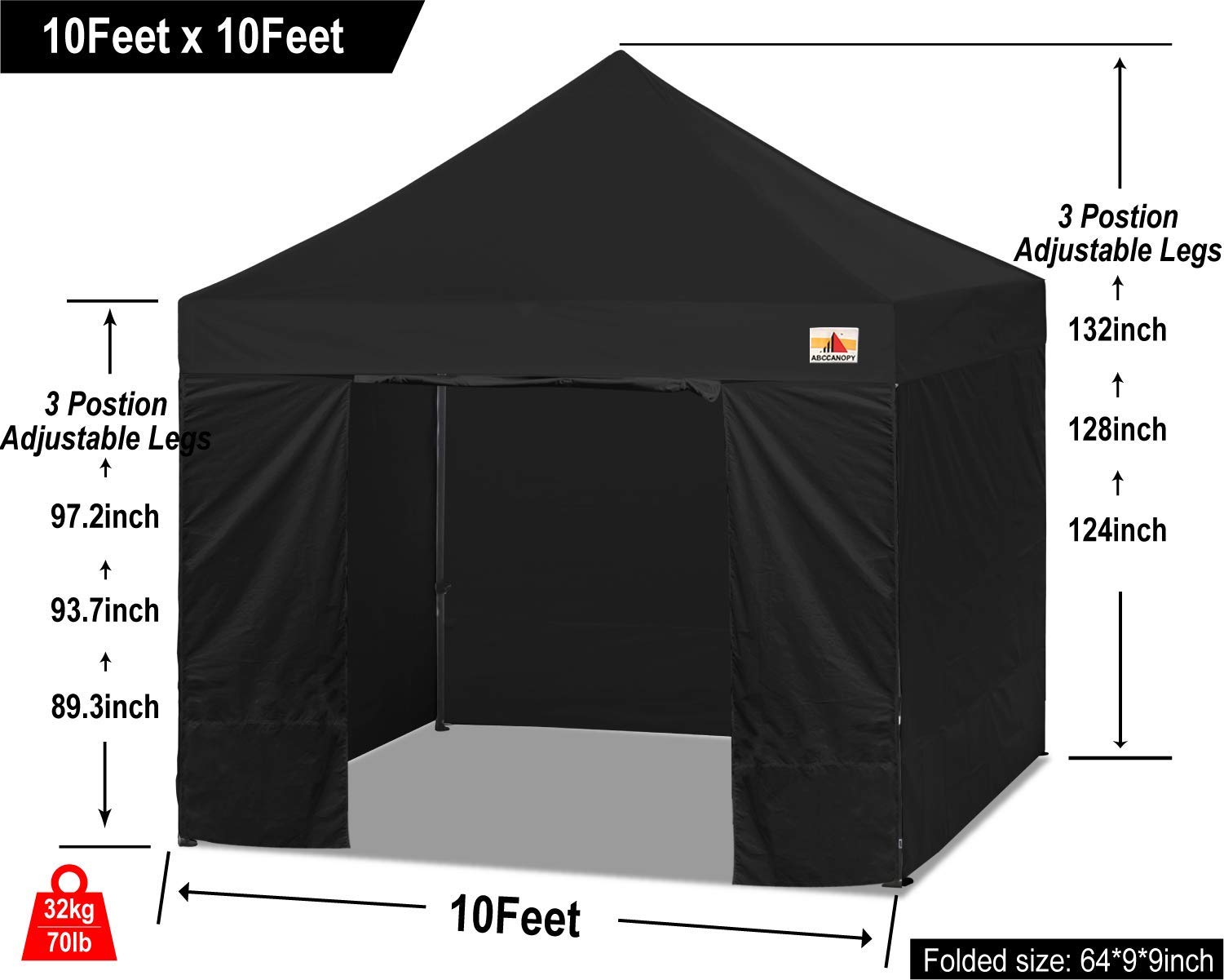 ABCCANOPY Heavy Duty Easy Pop up Canopy Tent with Sidewalls 10x10, Dull Black