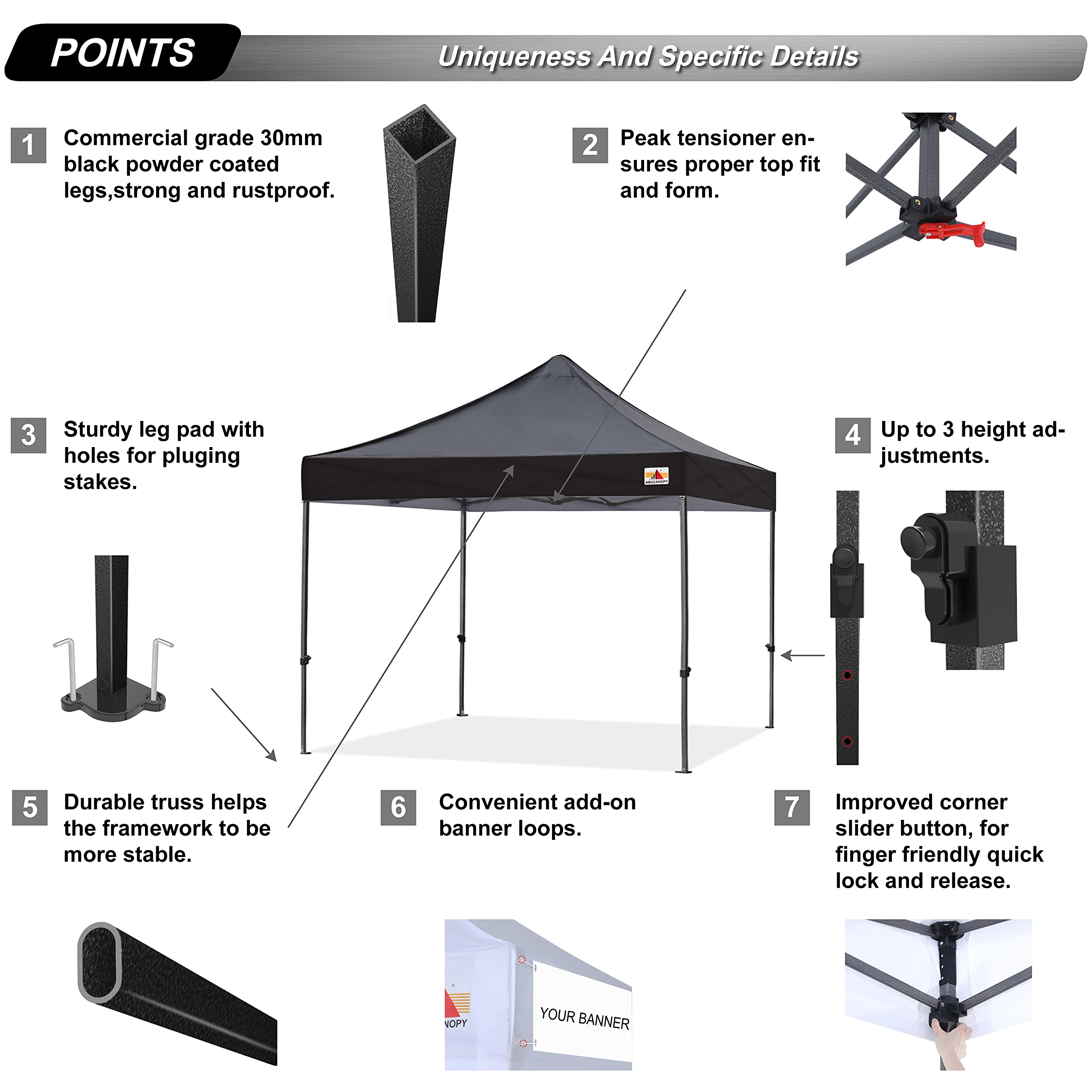 ABCCANOPY Heavy Duty Easy Pop up Canopy Tent with Sidewalls 10x10, Dull Black