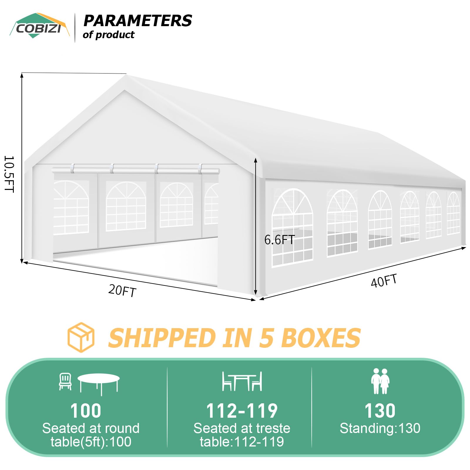 COBIZI 20x40ft Party Tent Heavy Duty, Wedding Tent, Event Tents For Parties, Carpas Para Fiestas With 8 Removable Sidewalls, 20x40 Tent with Built-in Sandbag, UV50+, Big Tent For Party, Carport, White