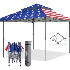 EAGLE PEAK 13x13 Straight Leg Pop Up Canopy Tent Instant Outdoor Canopy Easy Single Person Set-up Folding Shelter w/Auto Extending Eaves 169 Square Feet of Shade (American Flag)