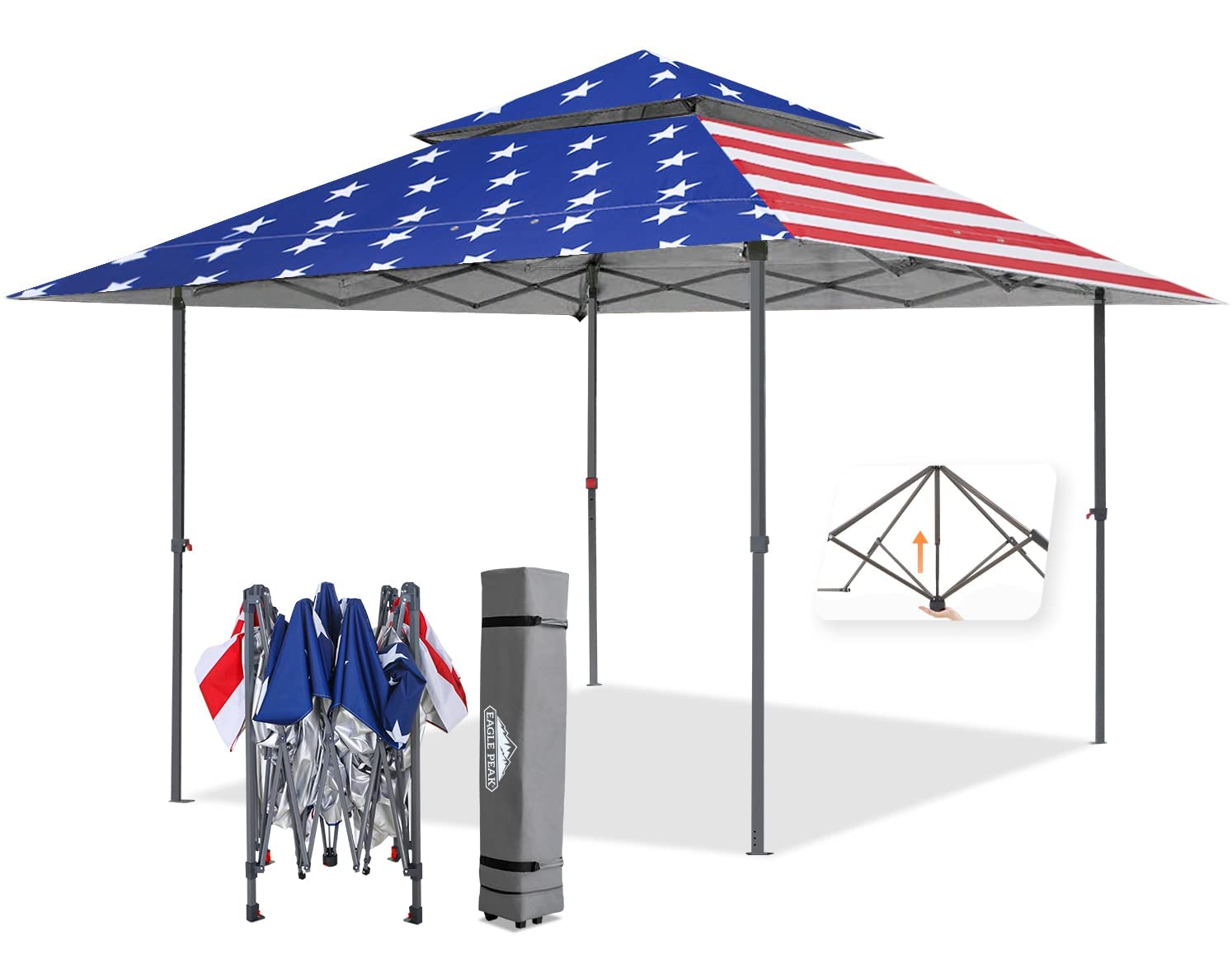 EAGLE PEAK 13x13 Straight Leg Pop Up Canopy Tent Instant Outdoor Canopy Easy Single Person Set-up Folding Shelter w/Auto Extending Eaves 169 Square Feet of Shade (American Flag)