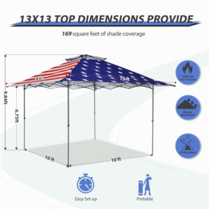 EAGLE PEAK 13x13 Straight Leg Pop Up Canopy Tent Instant Outdoor Canopy Easy Single Person Set-up Folding Shelter w/Auto Extending Eaves 169 Square Feet of Shade (American Flag)