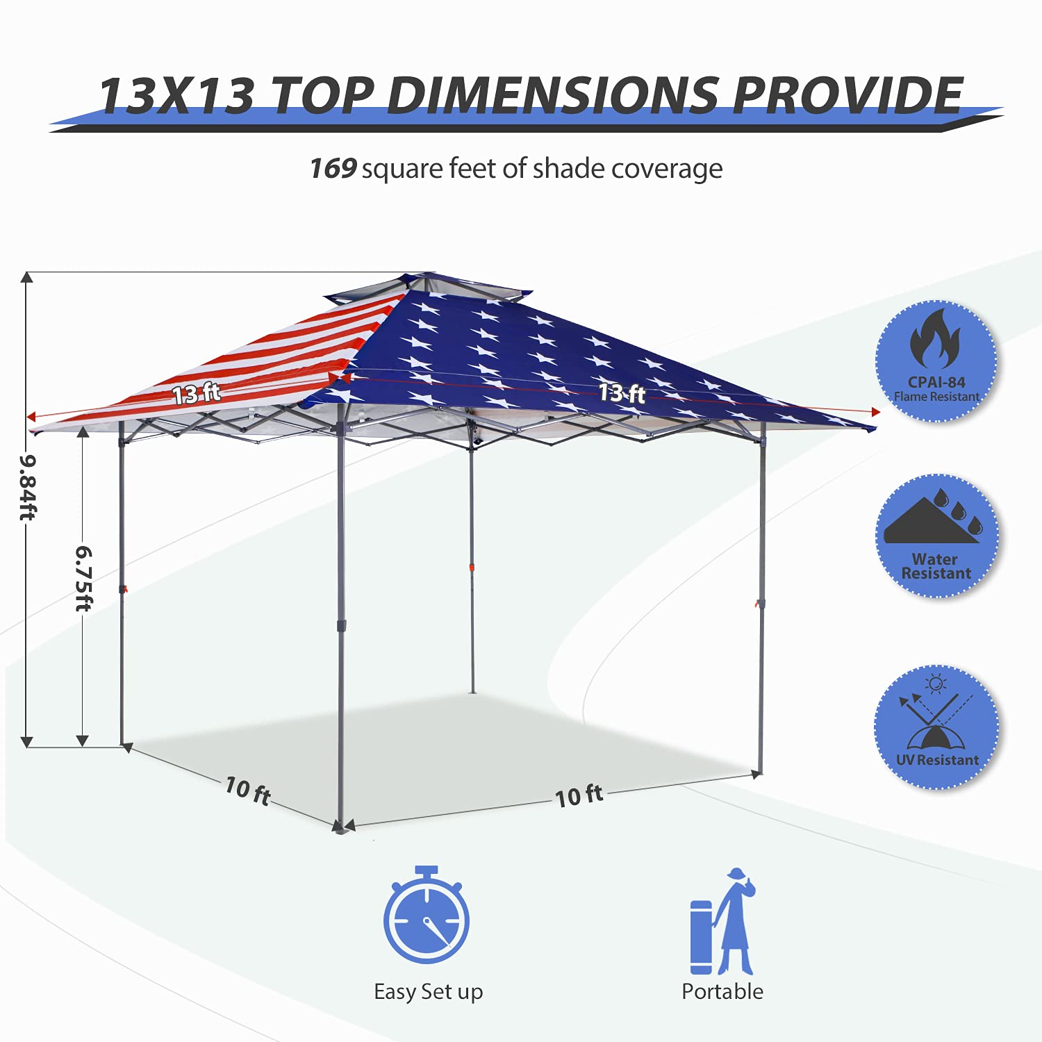 EAGLE PEAK 13x13 Straight Leg Pop Up Canopy Tent Instant Outdoor Canopy Easy Single Person Set-up Folding Shelter w/Auto Extending Eaves 169 Square Feet of Shade (American Flag)