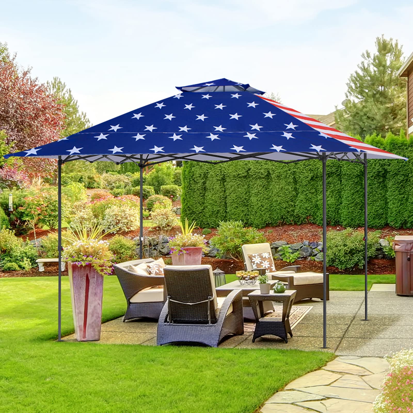 EAGLE PEAK 13x13 Straight Leg Pop Up Canopy Tent Instant Outdoor Canopy Easy Single Person Set-up Folding Shelter w/Auto Extending Eaves 169 Square Feet of Shade (American Flag)