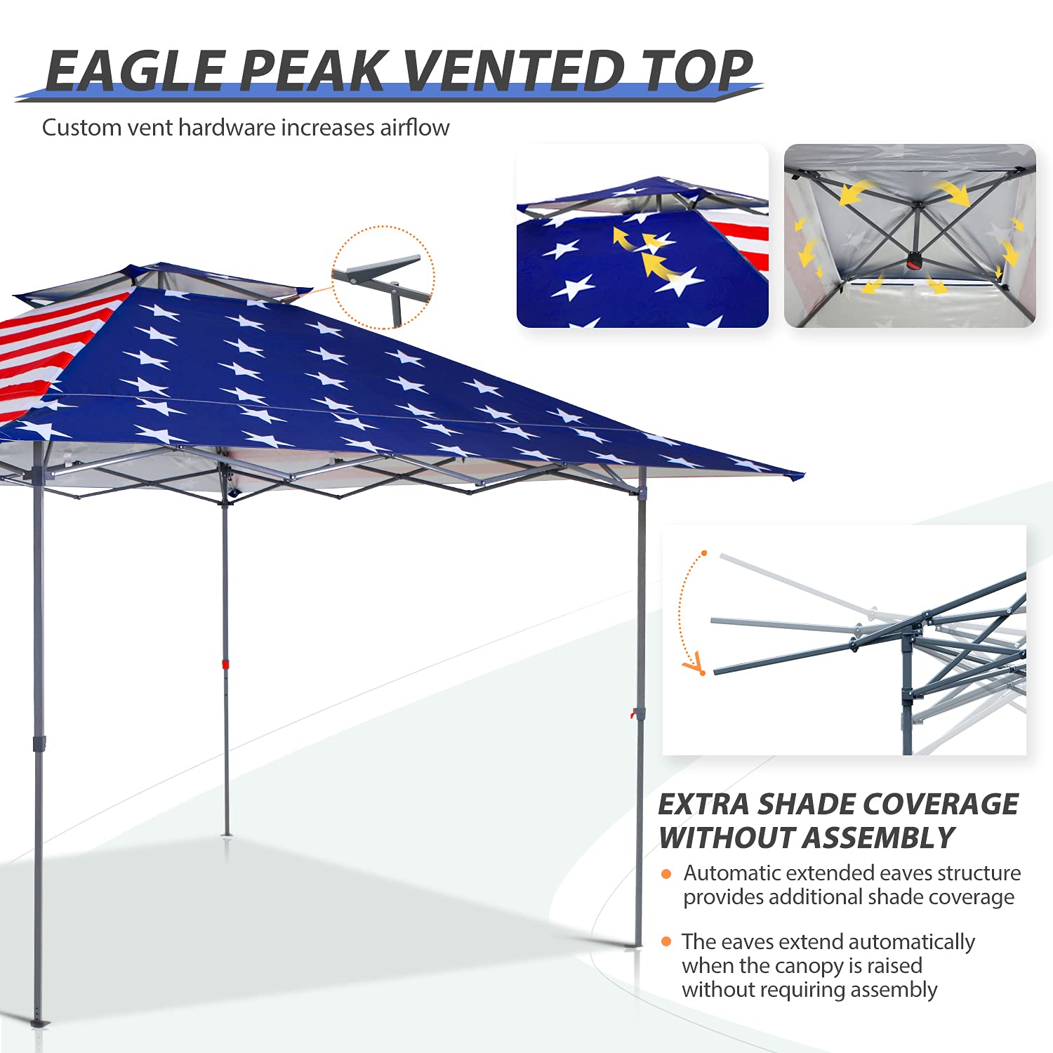 EAGLE PEAK 13x13 Straight Leg Pop Up Canopy Tent Instant Outdoor Canopy Easy Single Person Set-up Folding Shelter w/Auto Extending Eaves 169 Square Feet of Shade (American Flag)