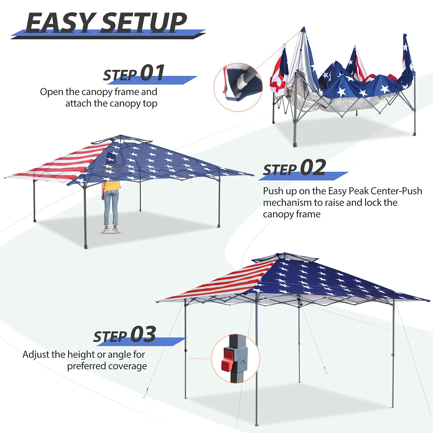 EAGLE PEAK 13x13 Straight Leg Pop Up Canopy Tent Instant Outdoor Canopy Easy Single Person Set-up Folding Shelter w/Auto Extending Eaves 169 Square Feet of Shade (American Flag)