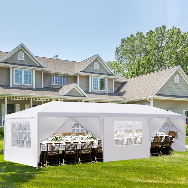 JOYSAND 10x30 Party Tent, Backyard Canopy Tent with 8 Removable Sidewalls & Transparent Windows, White Large Canopy Tent with Walls for Wedding, Birthday, Event, Garden