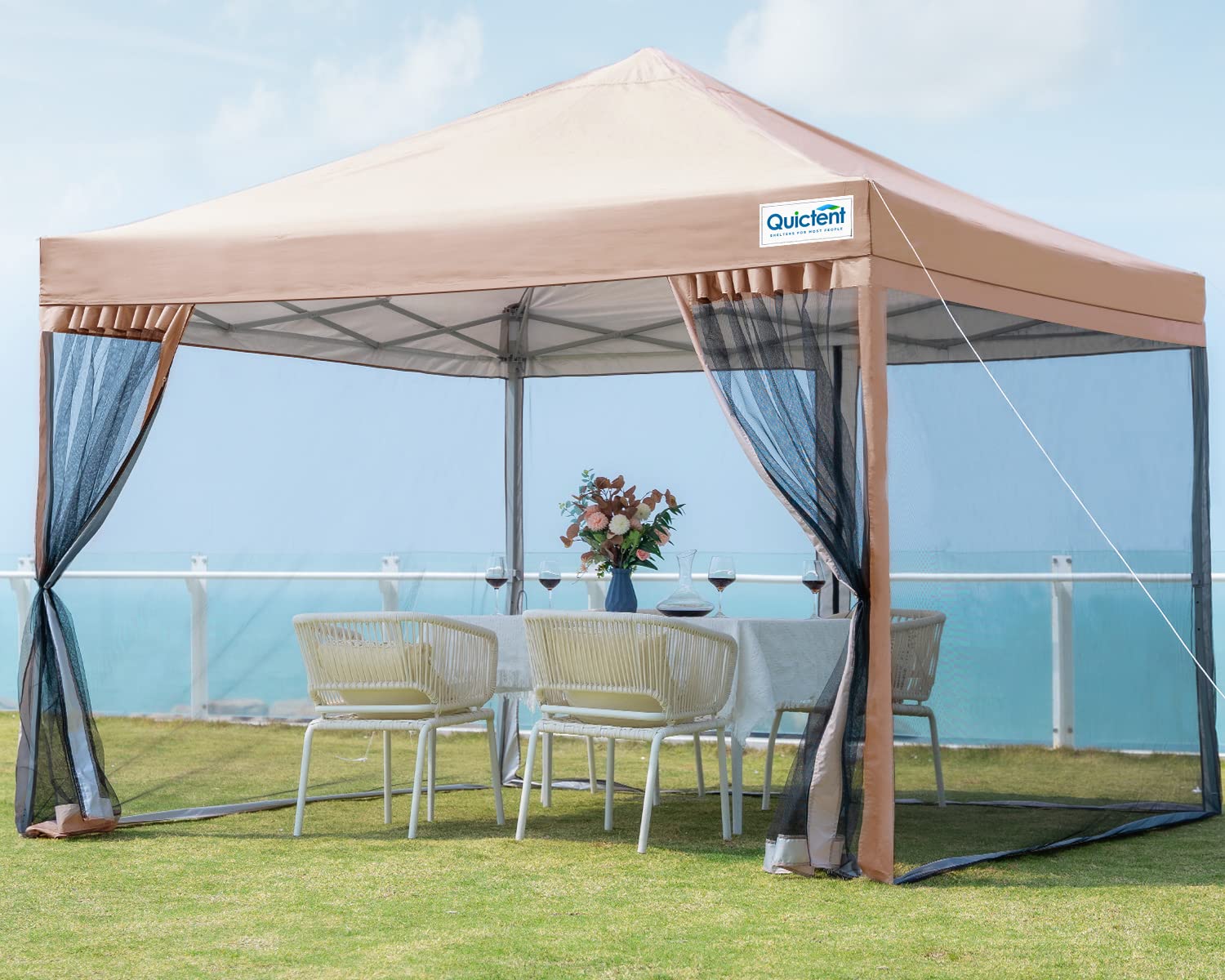 Quictent 6.6'x6.6' Ez Pop up Canopy Tent with Netting Screened, Outdoor Instant Portable Gazebo Screen House Room Tent -Fully Sealed, Waterproof & Roller Bag Included (Tan)