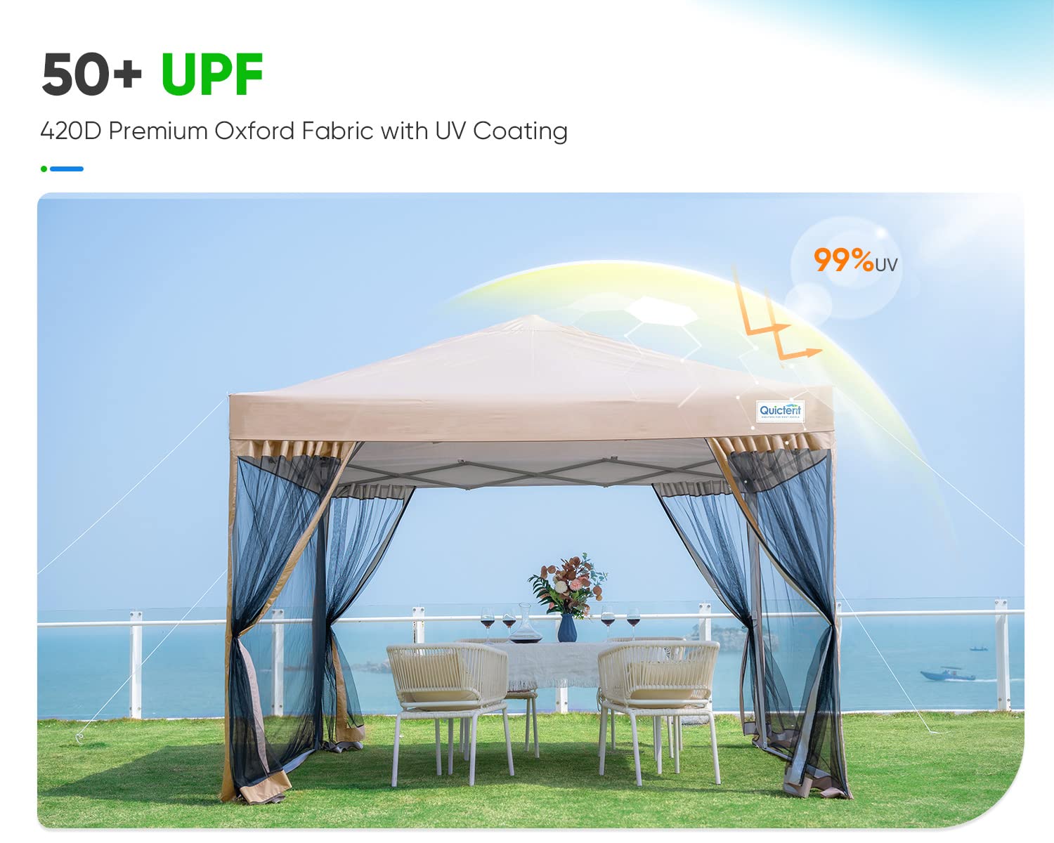 Quictent 6.6'x6.6' Ez Pop up Canopy Tent with Netting Screened, Outdoor Instant Portable Gazebo Screen House Room Tent -Fully Sealed, Waterproof & Roller Bag Included (Tan)