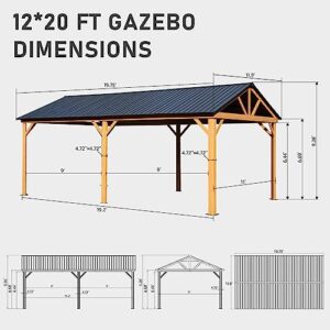 Domi 12' x 20' Hardtop Gazebo with Galvanized Steel Gable Roof, Pergola with Wood-Looking Aluminum Frame, Permanent Pavilion Outdoor Gazebo with Ceiling Hook for Deck Patio Lawn Yard Backyard Grill