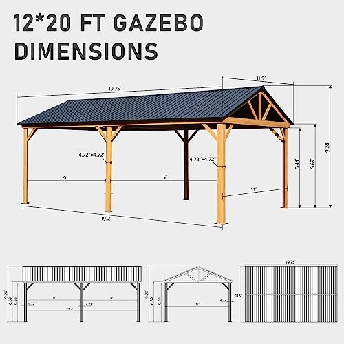 Domi 12' x 20' Hardtop Gazebo with Galvanized Steel Gable Roof, Pergola with Wood-Looking Aluminum Frame, Permanent Pavilion Outdoor Gazebo with Ceiling Hook for Deck Patio Lawn Yard Backyard Grill