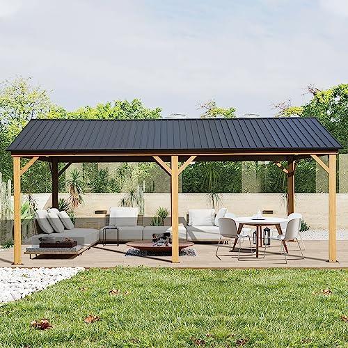 Domi 12' x 20' Hardtop Gazebo with Galvanized Steel Gable Roof, Pergola with Wood-Looking Aluminum Frame, Permanent Pavilion Outdoor Gazebo with Ceiling Hook for Deck Patio Lawn Yard Backyard Grill